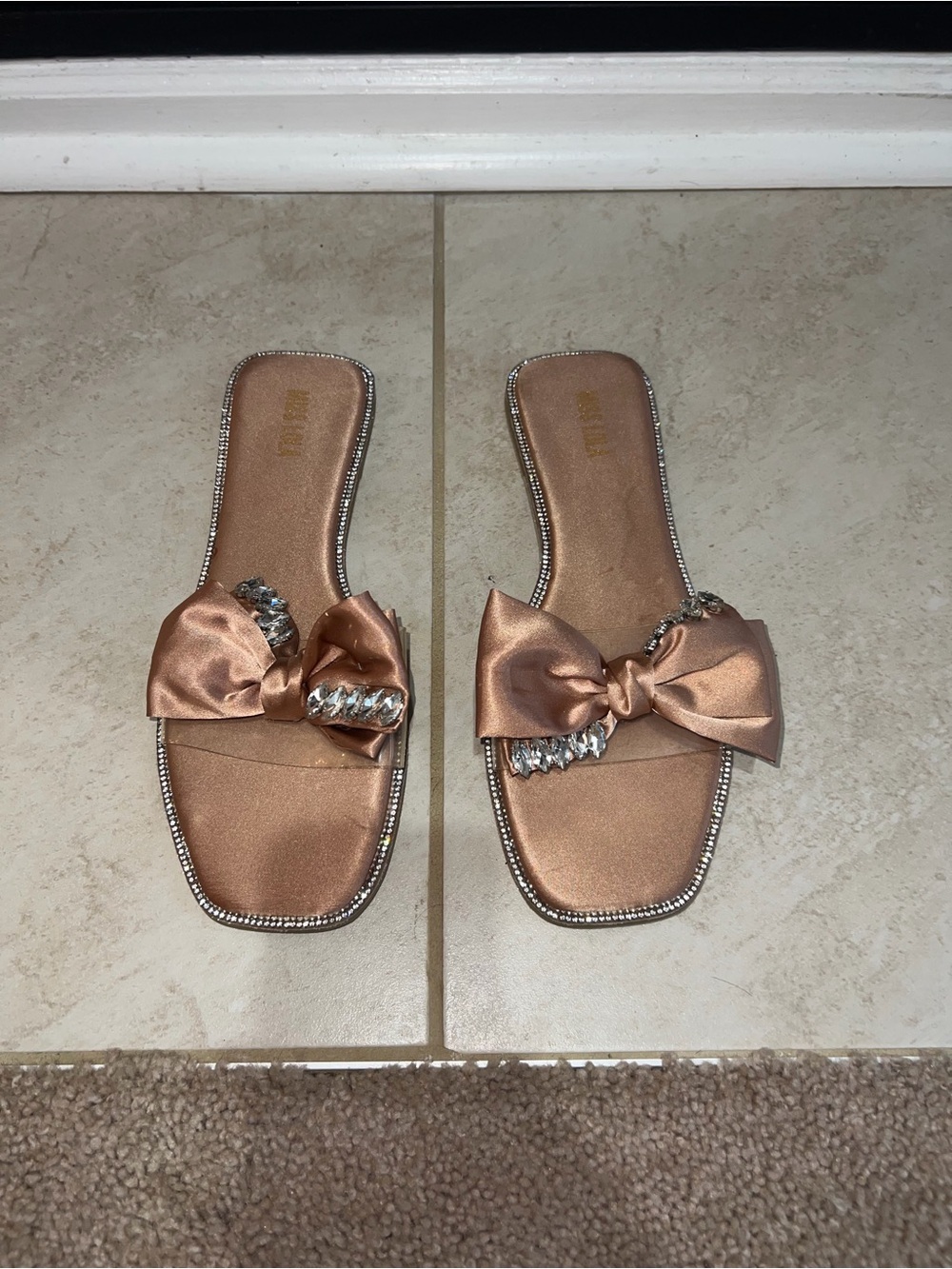 Miss Lola Satin Bow Slide Sandals in Rose Gold